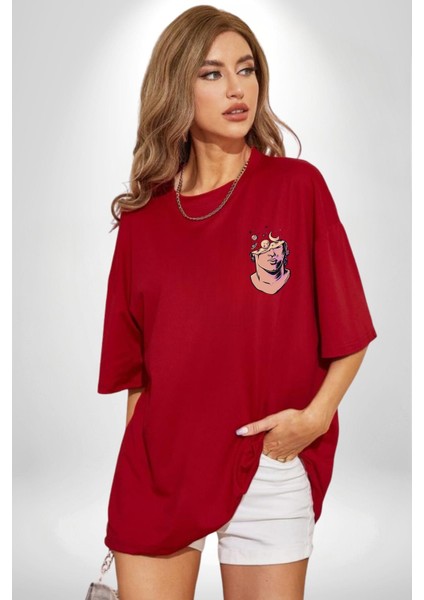 Astroloji Evrenin Akışı Galaksi Kırmızı Oversize Kadın Erkek Ön Minimal Baskılı Tişört fiyatları