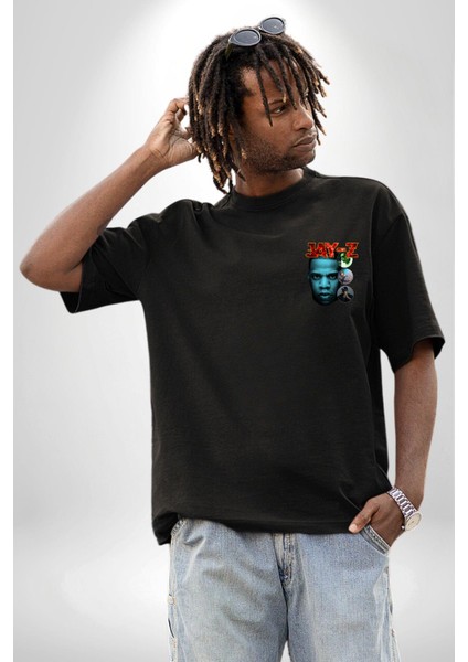 Jay-Z Rap Müzik Hip Hop 90'lar Efsanesi Siyah Oversize Kadın Erkek Ön Minimal Baskılı Tişört fırsatları