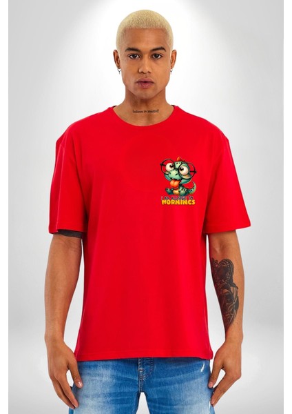 Sabahlara Alerjim Var Yazlı Komik Kırmızı Oversize Kadın Erkek Ön Minimal Baskılı Tişört fiyatları