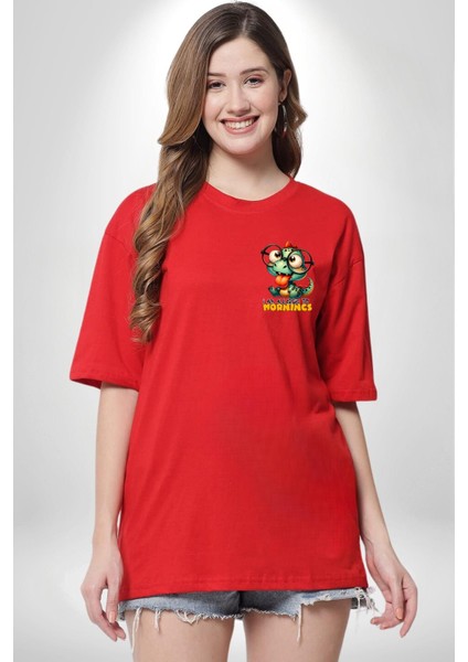 Sabahlara Alerjim Var Yazlı Komik Kırmızı Oversize Kadın Erkek Ön Minimal Baskılı Tişört indirimleri