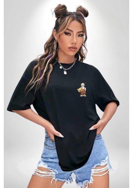 Kendin Ol Baskılı Kurukafa Ayı Teddy Siyah Oversize Kadın Erkek Ön Minimal Baskılı Tişört modelleri
