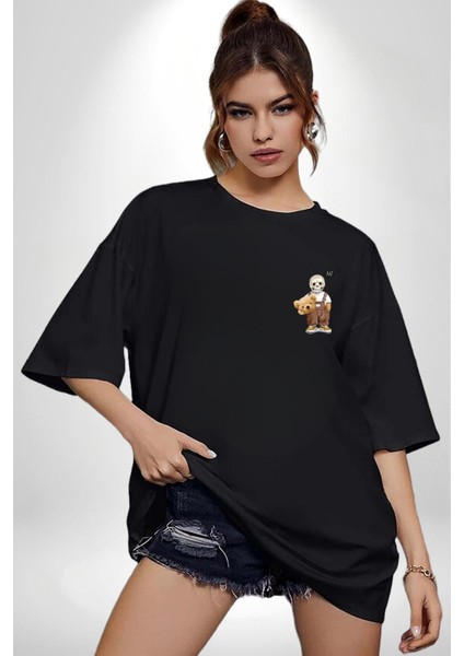 Kendin Ol Baskılı Kurukafa Ayı Teddy Siyah Oversize Kadın Erkek Ön Minimal Baskılı Tişört fırsatları