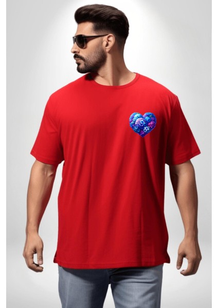 Ortanca Çiçeği Tasarımı Kırmızı Oversize Kadın Erkek Ön Minimal Baskılı Tişört