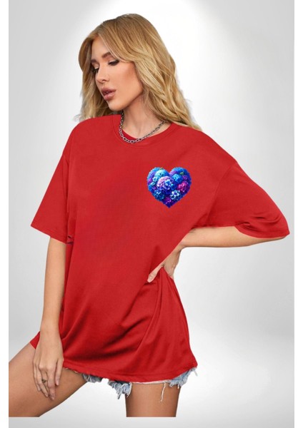 Ortanca Çiçeği Tasarımı Kırmızı Oversize Kadın Erkek Ön Minimal Baskılı Tişört fiyatları
