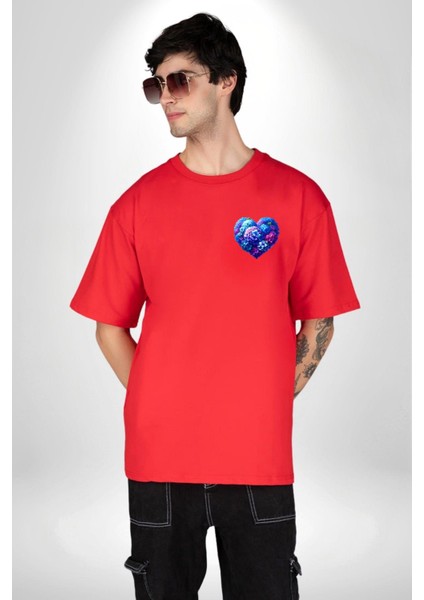 Ortanca Çiçeği Tasarımı Kırmızı Oversize Kadın Erkek Ön Minimal Baskılı Tişört modelleri