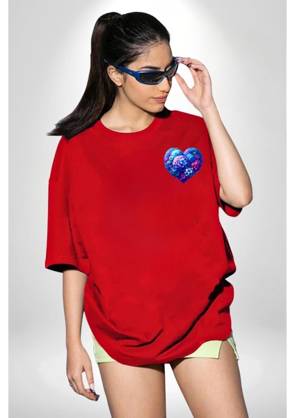 Ortanca Çiçeği Tasarımı Kırmızı Oversize Kadın Erkek Ön Minimal Baskılı Tişört fırsatları