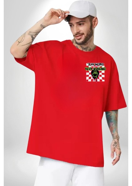 Sıradışı Gülümse Kırmızı Oversize Kadın Erkek Ön Minimal Baskılı Tişört modelleri