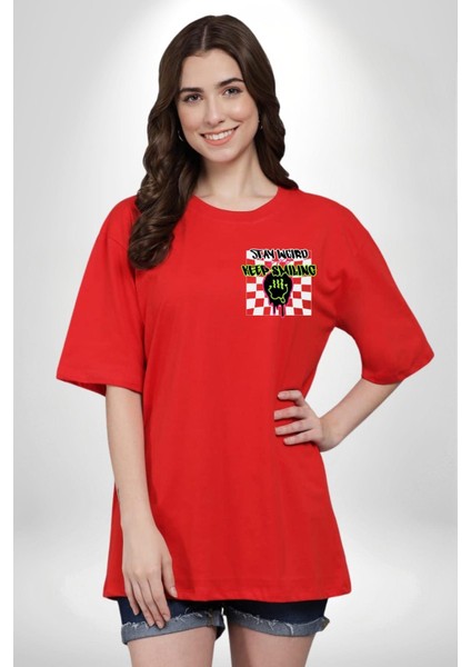 Sıradışı Gülümse Kırmızı Oversize Kadın Erkek Ön Minimal Baskılı Tişört indirimleri