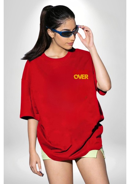 Game Over Baskılı Oyun Tutkunları Için Grafik Kırmızı Oversize Kadın Erkek Ön Minimal Baskılı Tişört