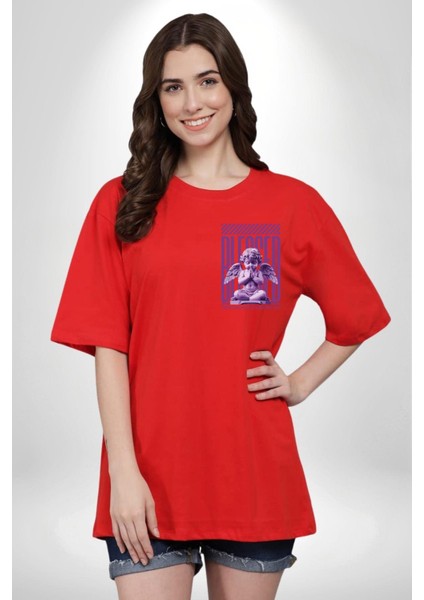 Her Nefes Mutlu Bir Hediyedir Yazılı Melek Kırmızı Oversize Kadın Erkek Ön Minimal Baskılı Tişört indirimleri