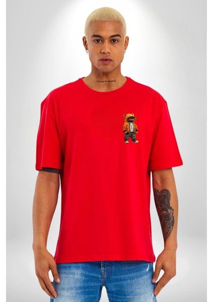 Hip Hop Turuncu Kapüşonlu Urban Stil Ayıcık Kırmızı Oversize Kadın Erkek Ön Minimal Baskılı Tişört fırsatları