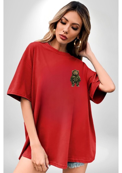 Kamuflaj Desenli Ayıcık Hoodie & Pantolon Takım Kırmızı Oversize Kadın Erkek Ön Minimal Baskılı Tişört fırsatları