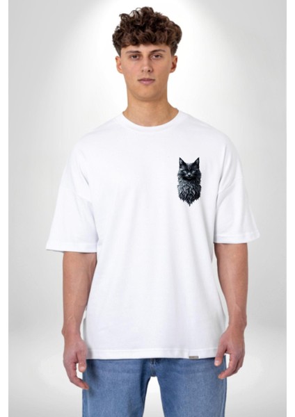 Gotik Ruhlu Doğa ve Kedi Beyaz Oversize Kadın Erkek Ön Minimal Baskılı Tişört
