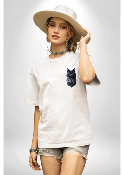 Gotik Ruhlu Doğa ve Kedi Beyaz Oversize Kadın Erkek Ön Minimal Baskılı Tişört modelleri