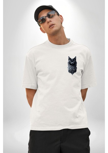 Gotik Ruhlu Doğa ve Kedi Beyaz Oversize Kadın Erkek Ön Minimal Baskılı Tişört fırsatları
