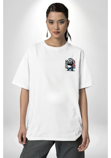 Gangster Panda Hip-Hop Cool Panda Beyaz Oversize Kadın Erkek Ön Minimal Baskılı Tişört fiyatları