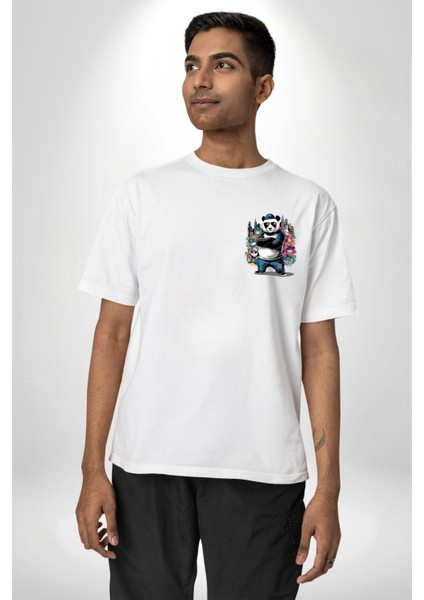 Gangster Panda Hip-Hop Cool Panda Beyaz Oversize Kadın Erkek Ön Minimal Baskılı Tişört fırsatları