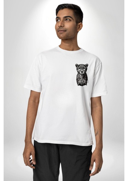 Leopar Beyaz Beyaz Beyaz Oversize Kadın Erkek Ön Minimal Baskılı Tişört