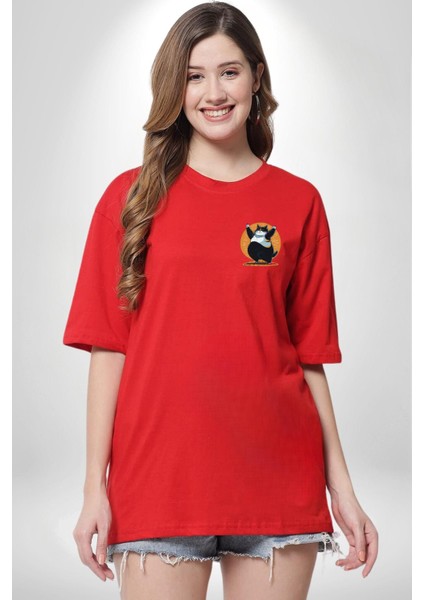 Komik Şişman Yoga Kedi Kırmızı Oversize Kadın Erkek Ön Minimal Baskılı Tişört