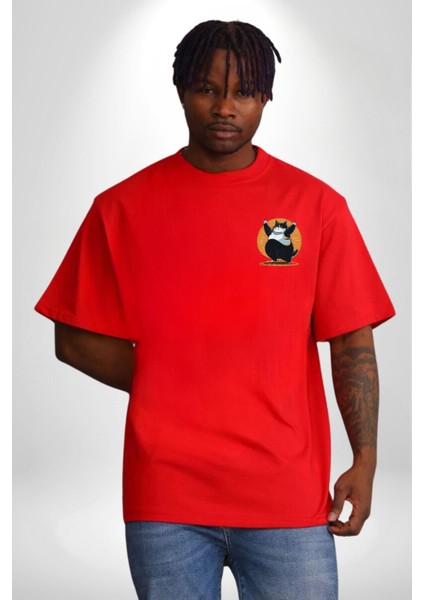 Komik Şişman Yoga Kedi Kırmızı Oversize Kadın Erkek Ön Minimal Baskılı Tişört indirimleri