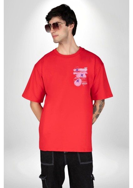 Drama Olmadan Moda Kırmızı Oversize Kadın Erkek Ön Minimal Baskılı Tişört fırsatları