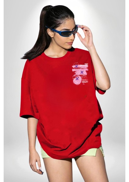 Drama Olmadan Moda Kırmızı Oversize Kadın Erkek Ön Minimal Baskılı Tişört indirimleri