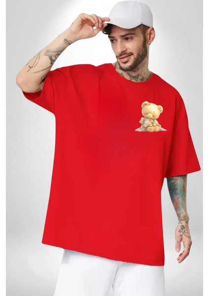 Çiçek Desenli Pastel Ton Ayıcık ve Çiçek Kırmızı Oversize Kadın Erkek Ön Minimal Baskılı Tişört
