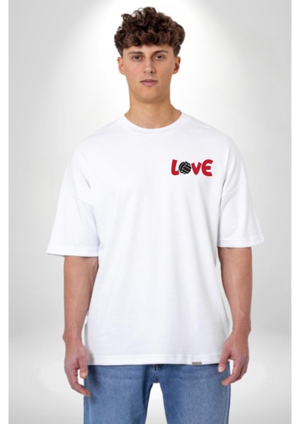 Love Voleybol Aşkı Beyaz Oversize Kadın Erkek Ön Minimal Baskılı Tişört
