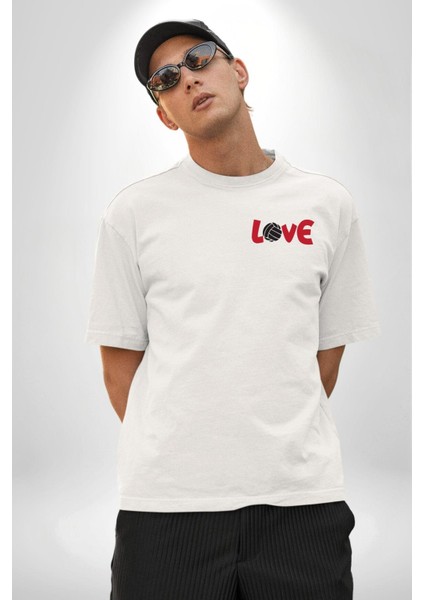 Love Voleybol Aşkı Beyaz Oversize Kadın Erkek Ön Minimal Baskılı Tişört fırsatları