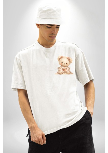 Çiçek Desenli Kawaii Ayıcık Beyaz Oversize Kadın Erkek Ön Minimal Baskılı Tişört fiyatları