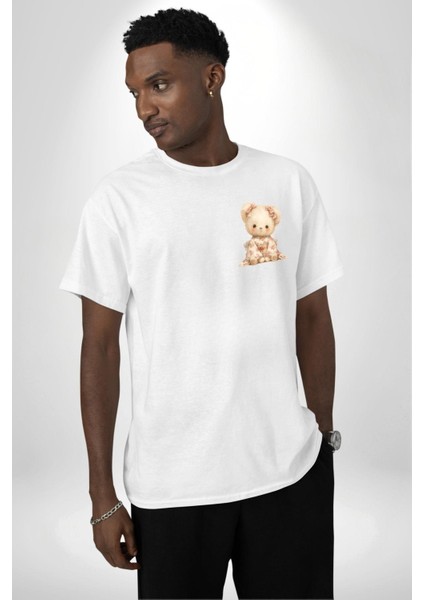 Çiçek Desenli Kawaii Ayıcık Beyaz Oversize Kadın Erkek Ön Minimal Baskılı Tişört fırsatları