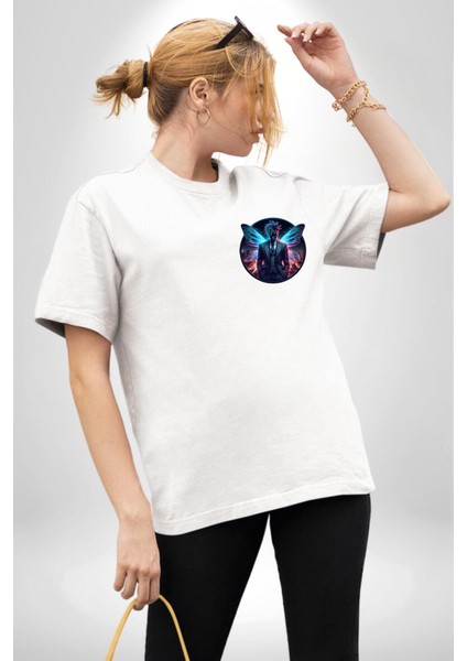 Mavi Neon Kanatlı Takım Elbise Kıravat Beyaz Oversize Kadın Erkek Ön Minimal Baskılı Tişört