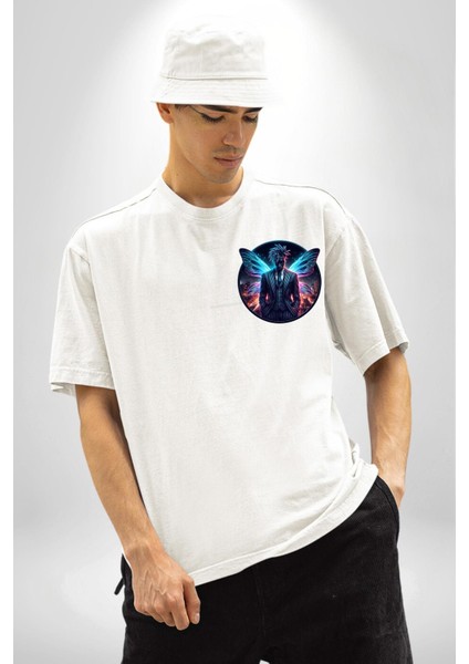 Mavi Neon Kanatlı Takım Elbise Kıravat Beyaz Oversize Kadın Erkek Ön Minimal Baskılı Tişört modelleri