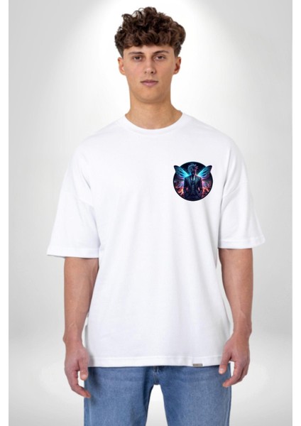 Mavi Neon Kanatlı Takım Elbise Kıravat Beyaz Oversize Kadın Erkek Ön Minimal Baskılı Tişört fırsatları