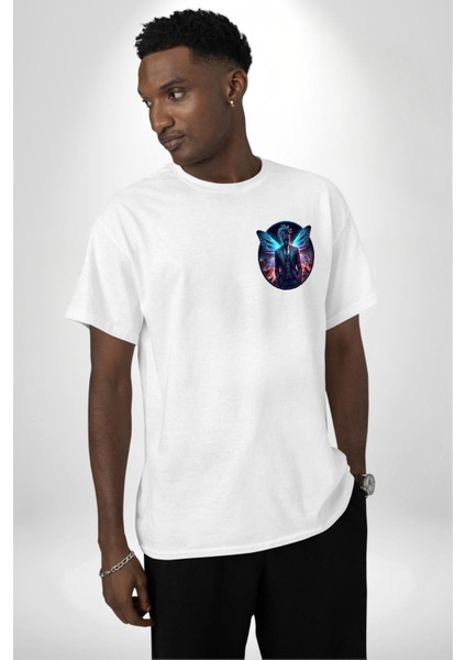 Mavi Neon Kanatlı Takım Elbise Kıravat Beyaz Oversize Kadın Erkek Ön Minimal Baskılı Tişört indirimleri