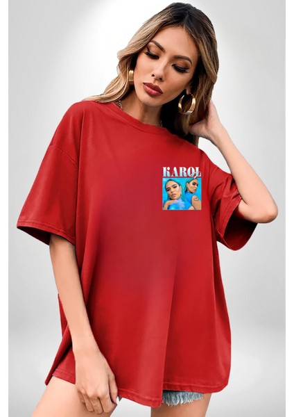 Karol G Pop Yıldızı Şarkıcı Kırmızı Oversize Kadın Erkek Ön Minimal Baskılı Tişört indirimleri