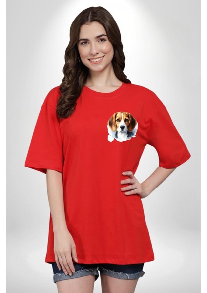 Beagle Zeki Sevimli Küçük Irk Köpek Kırmızı Oversize Kadın Erkek Ön Minimal Baskılı Tişört fiyatları