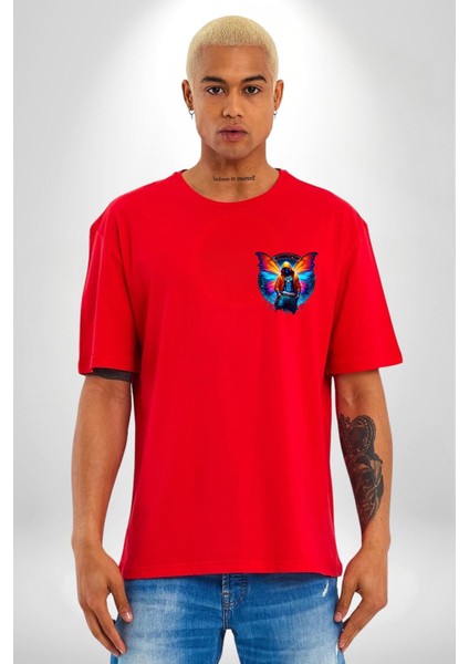 Kelebek Kanatlı Modern Genç Tasarımı Kırmızı Oversize Kadın Erkek Ön Minimal Baskılı Tişört modelleri