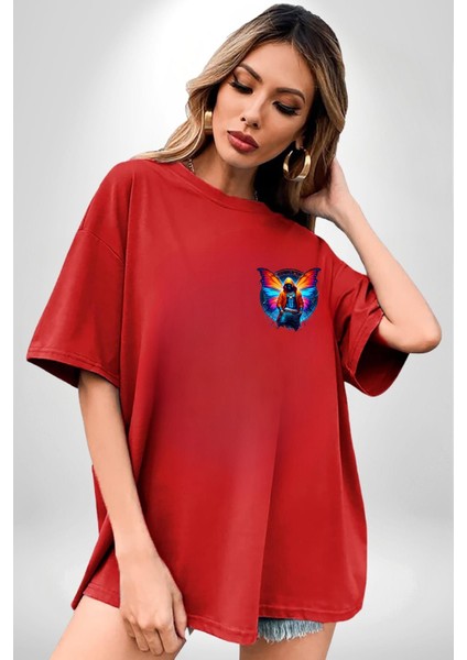 Kelebek Kanatlı Modern Genç Tasarımı Kırmızı Oversize Kadın Erkek Ön Minimal Baskılı Tişört fırsatları