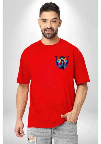 Kelebek Kanatlı Modern Genç Tasarımı Kırmızı Oversize Kadın Erkek Ön Minimal Baskılı Tişört indirimleri