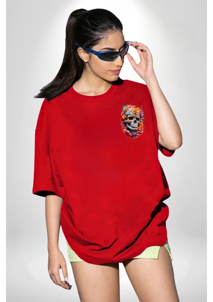 Renkli Çiçekli Kuru Kafa Kırmızı Oversize Kadın Erkek Ön Minimal Baskılı Tişört fiyatları