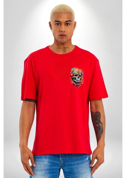 Renkli Çiçekli Kuru Kafa Kırmızı Oversize Kadın Erkek Ön Minimal Baskılı Tişört modelleri