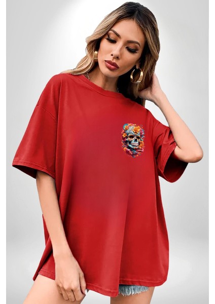 Renkli Çiçekli Kuru Kafa Kırmızı Oversize Kadın Erkek Ön Minimal Baskılı Tişört fırsatları