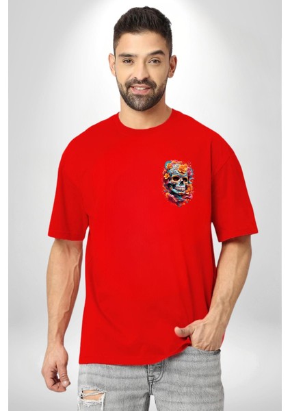 Renkli Çiçekli Kuru Kafa Kırmızı Oversize Kadın Erkek Ön Minimal Baskılı Tişört indirimleri