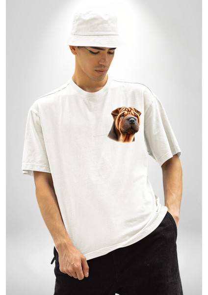 Buruşuk Derili Shar Pei Köpek Beyaz Oversize Kadın Erkek Ön Minimal Baskılı Tişört fırsatları