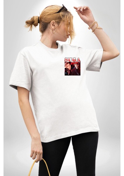Suga Müzisyen K-Pop Hayranları Için Beyaz Oversize Kadın Erkek Ön Minimal Baskılı Tişört modelleri