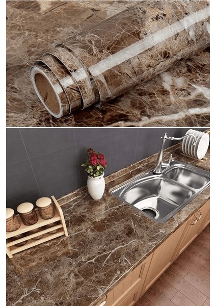 Mermer Desenli Masa Tezgah Mutfak Su Geçirmez Yapışkanlı Folyo Sticker Kahverengi 5x0,6m ( Lisinya ) indirimleri