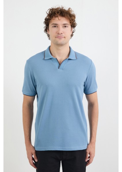 Çizgili Waffle Kumaş Polo Yaka Tişört