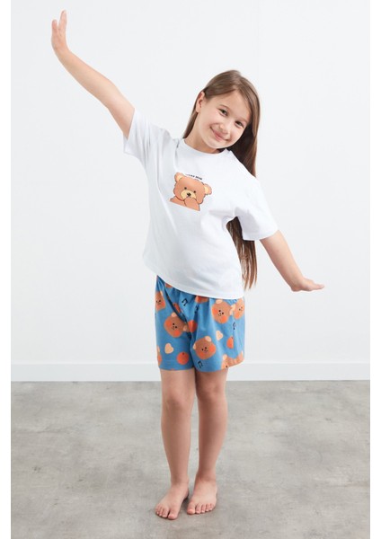 %100 Pamuk Ayıcık Baskılı Unisex Şortlu Pijama Takımı