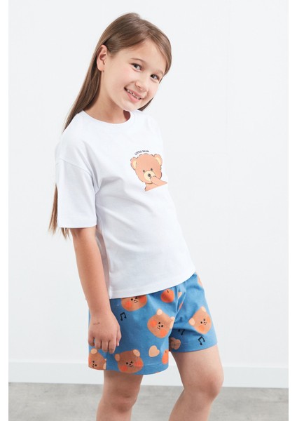 %100 Pamuk Ayıcık Baskılı Unisex Şortlu Pijama Takımı modelleri